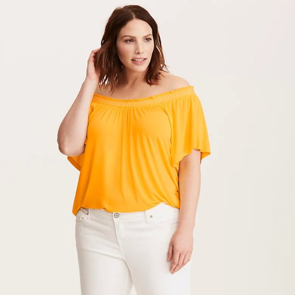Torrid Yellow Embroidered Smocked Off Shoulder Top - Picture 1 of 12
